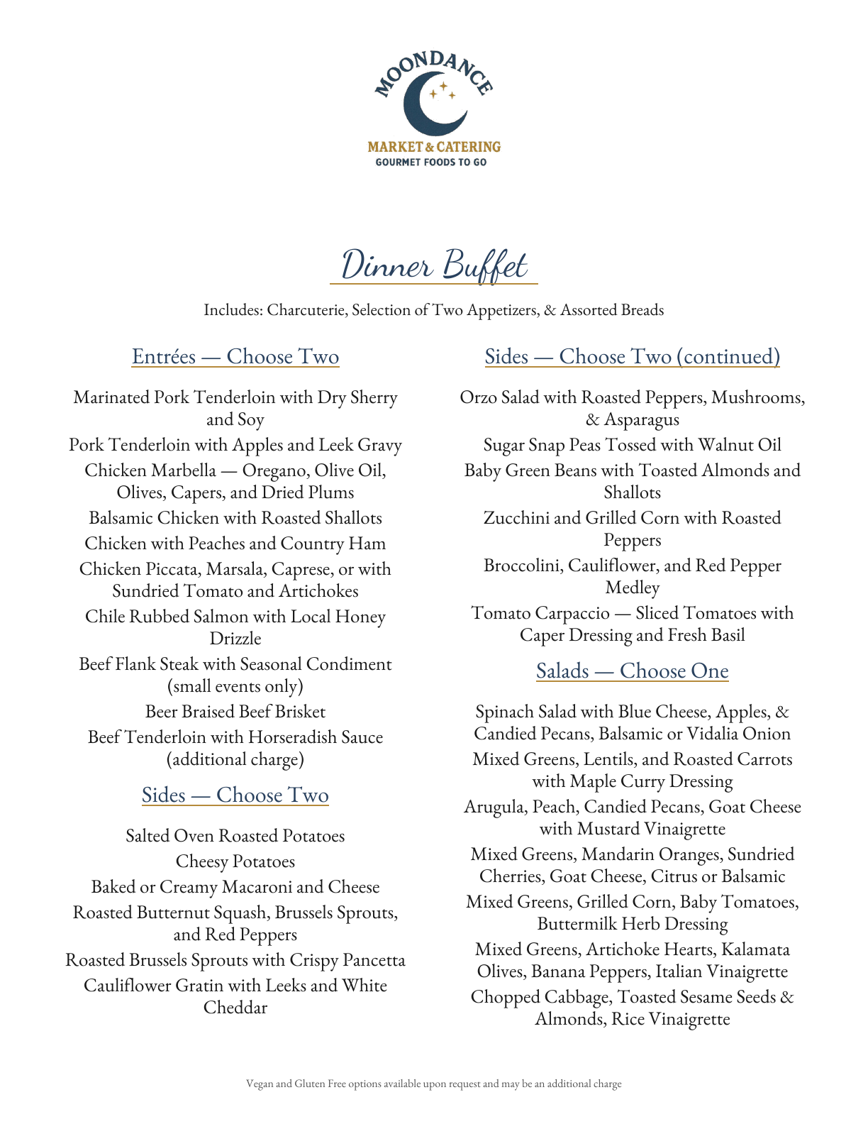 Dinner Buffet catering sample menu